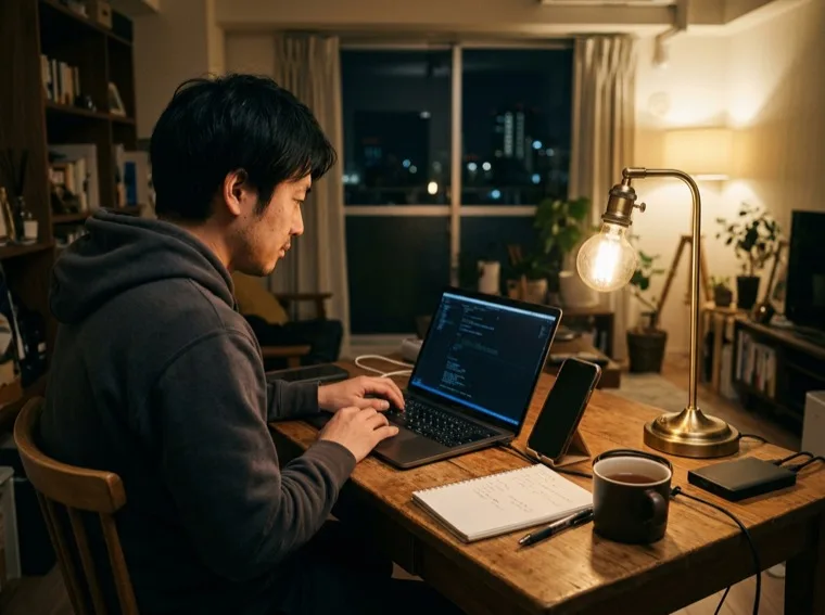 夜、自宅で副業としてiOSアプリを開発する開発者