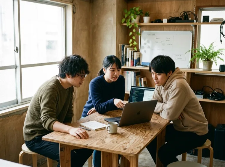 小さなスタジオで1台のノートPCを囲み撤退判断を相談する3人の開発チーム